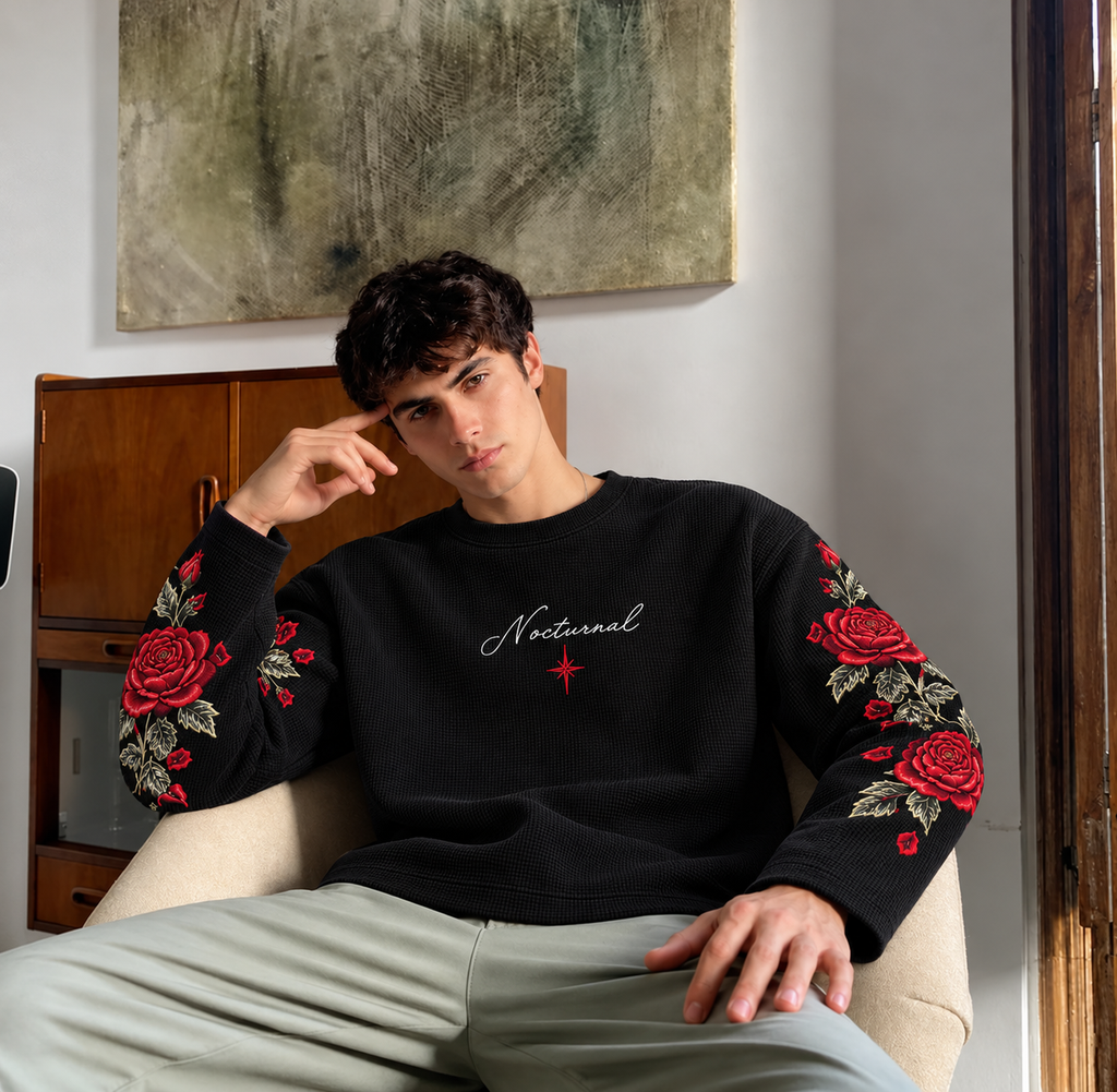 Nocturnal Rose — Black Waffle Sweatshirt