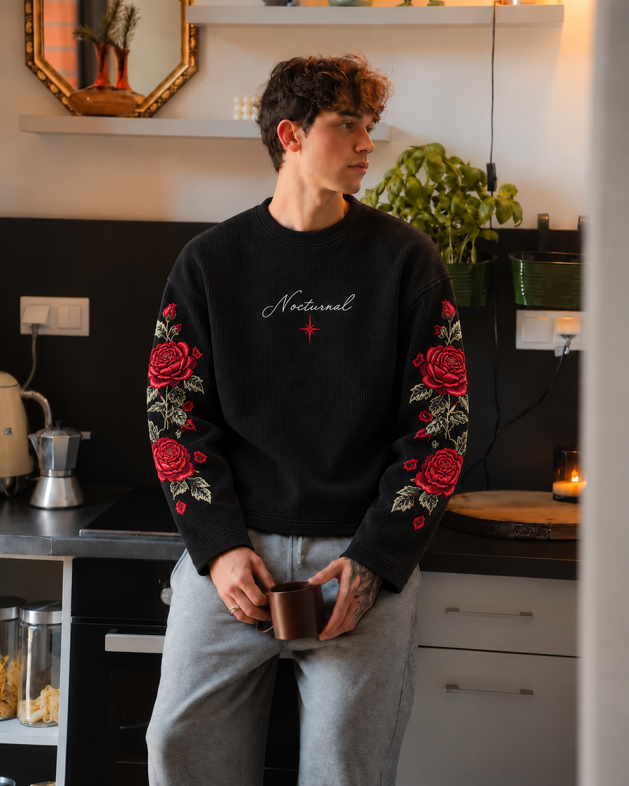 Nocturnal Rose — Black Waffle Sweatshirt