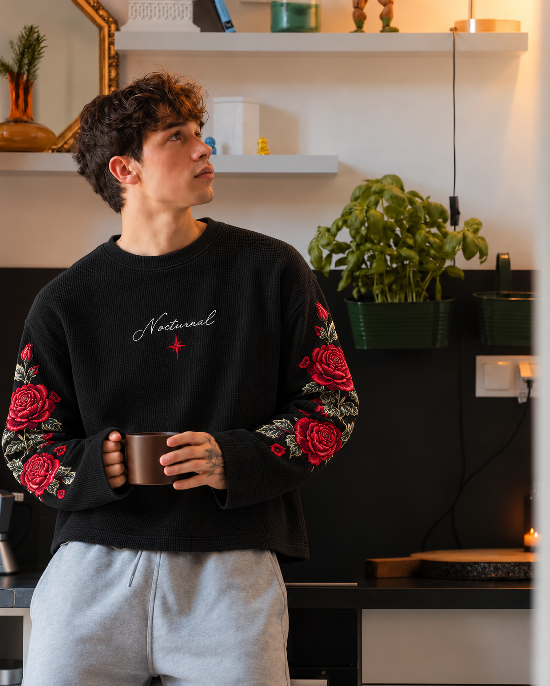Nocturnal Rose — Black Waffle Sweatshirt
