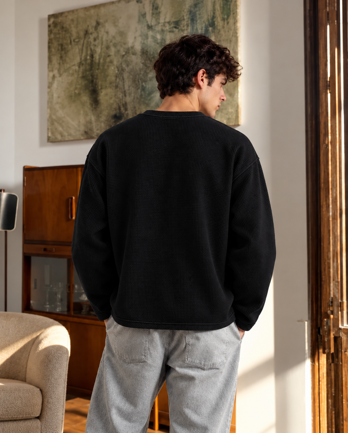 Nocturnal Rose — Black Waffle Sweatshirt